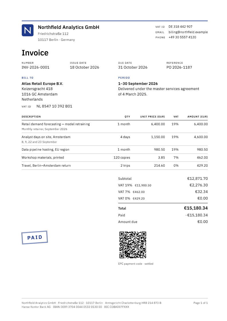 Page 1 of an invoice issued by forecraft: letterhead, line items, VAT per rate, the amount due and a SEPA payment code